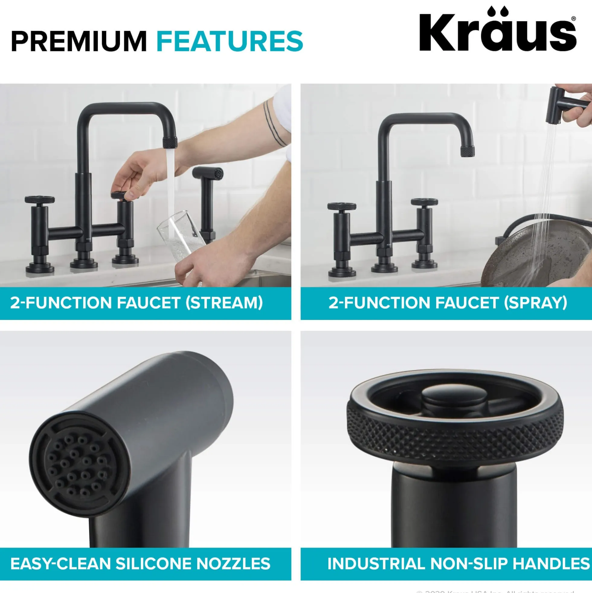 Industrial Bridge Kitchen Faucet and Water Filter Faucet Combo in Matte Black