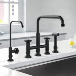 Industrial Bridge Kitchen Faucet and Water Filter Faucet Combo in Matte Black