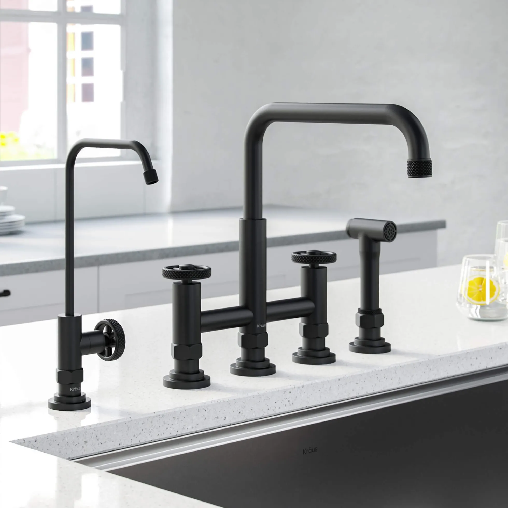 Industrial Bridge Kitchen Faucet and Water Filter Faucet Combo in Matte Black