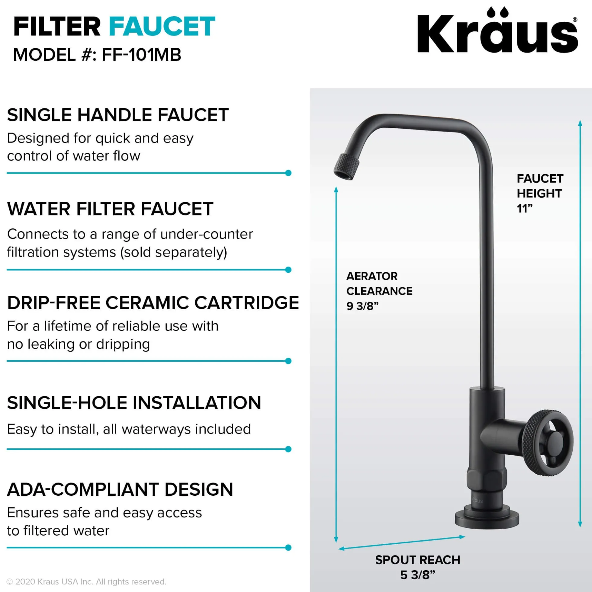 Industrial Bridge Kitchen Faucet and Water Filter Faucet Combo in Matte Black