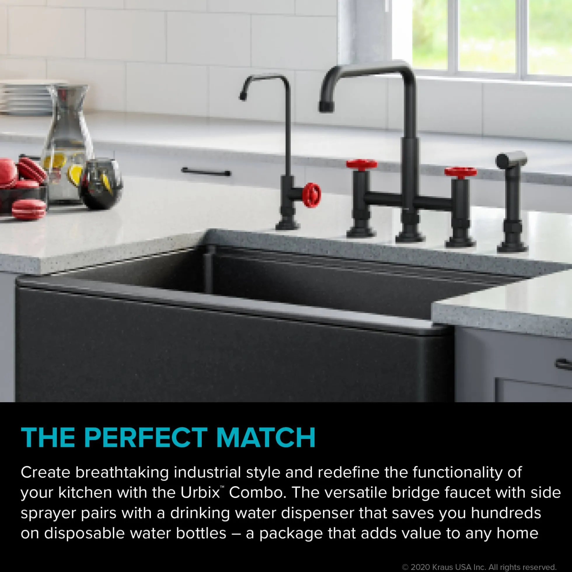 Industrial Bridge Kitchen Faucet and Water Filter Faucet Combo in Matte Black/Red