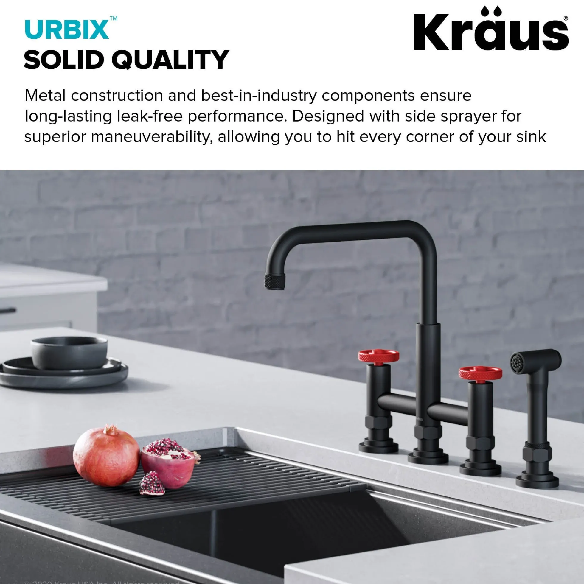 Industrial Bridge Kitchen Faucet and Water Filter Faucet Combo in Matte Black/Red