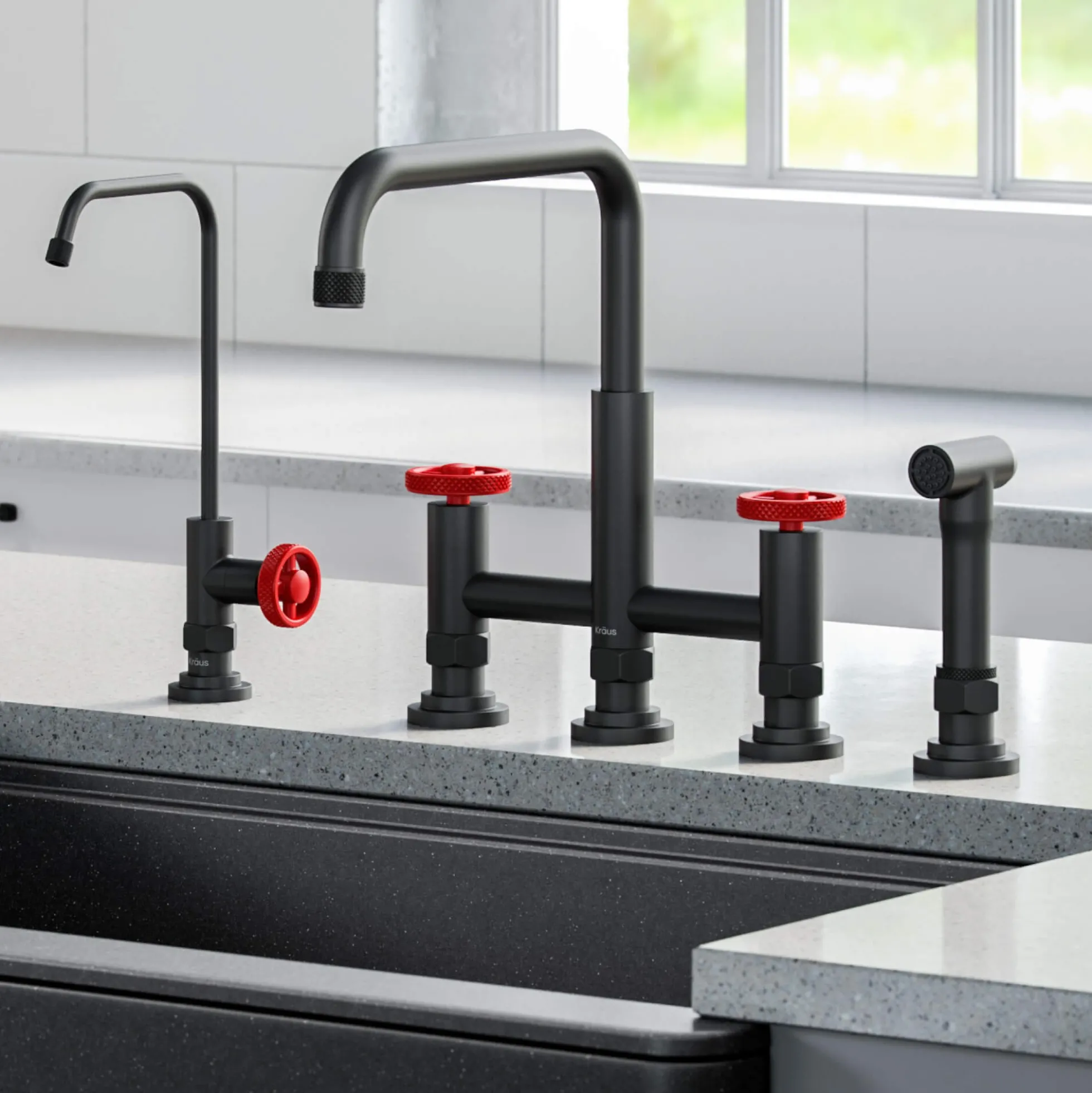 Industrial Bridge Kitchen Faucet and Water Filter Faucet Combo in Matte Black/Red