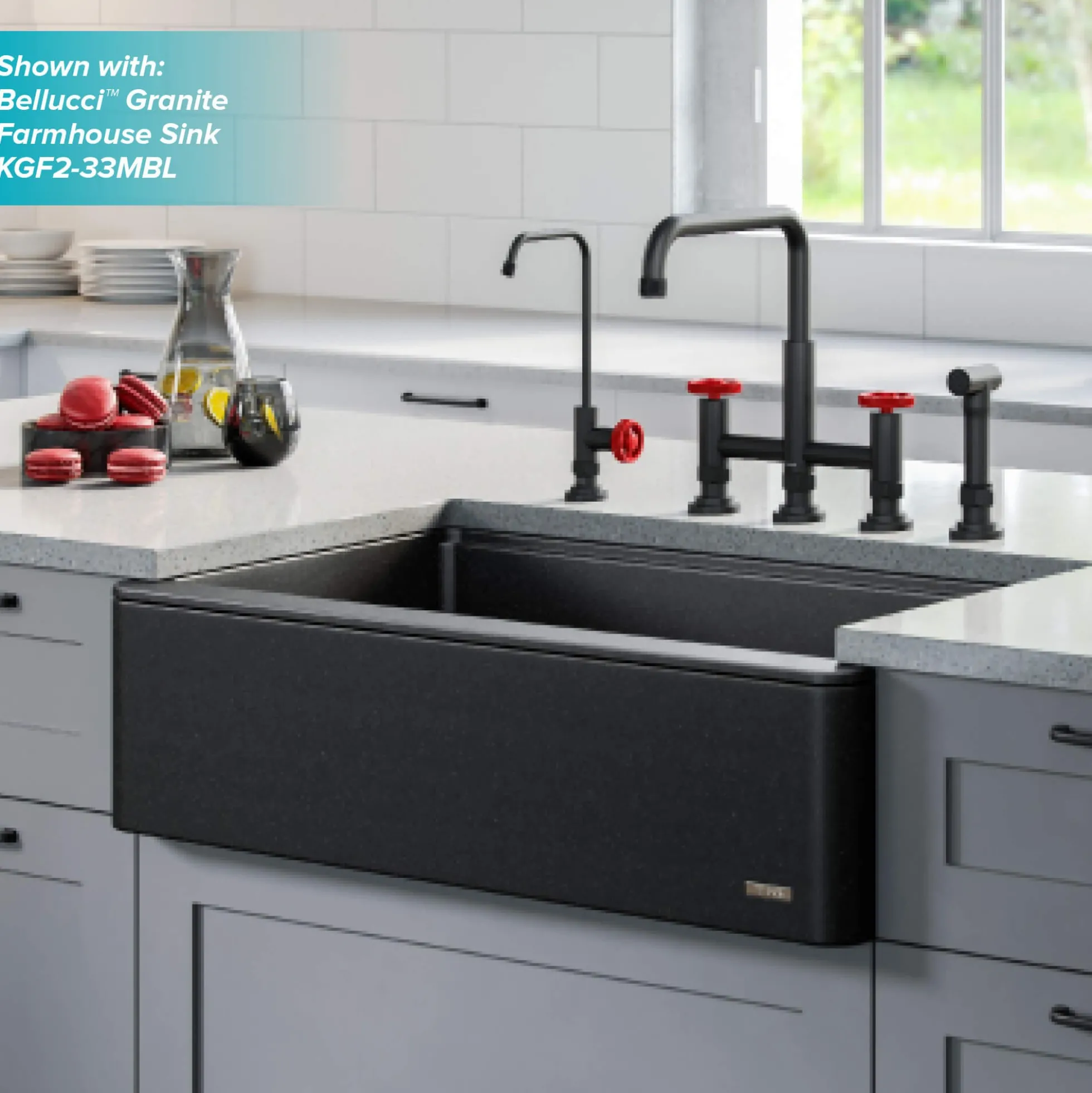 Industrial Bridge Kitchen Faucet and Water Filter Faucet Combo in Matte Black/Red