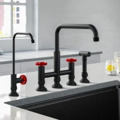Industrial Bridge Kitchen Faucet and Water Filter Faucet Combo in Matte Black/Red
