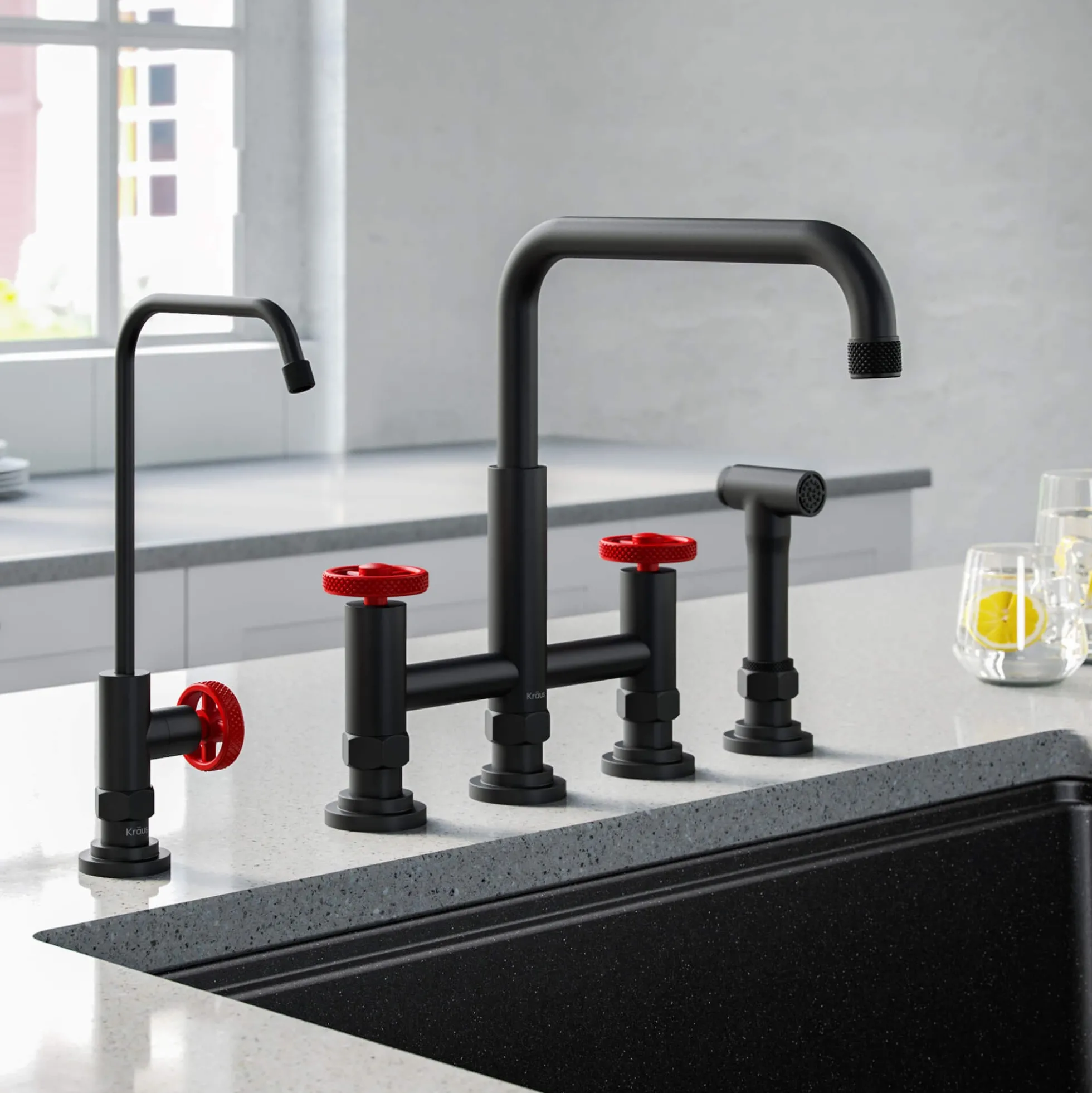Industrial Bridge Kitchen Faucet and Water Filter Faucet Combo in Matte Black/Red