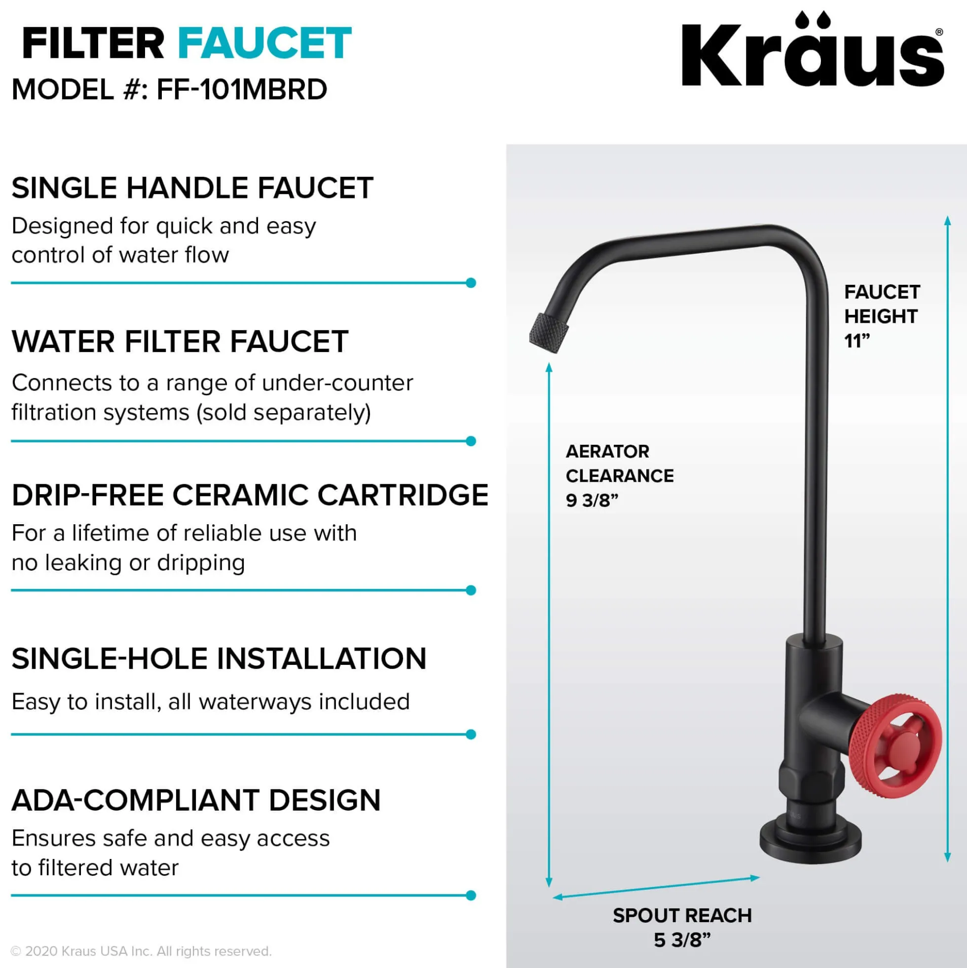 Industrial Bridge Kitchen Faucet and Water Filter Faucet Combo in Matte Black/Red