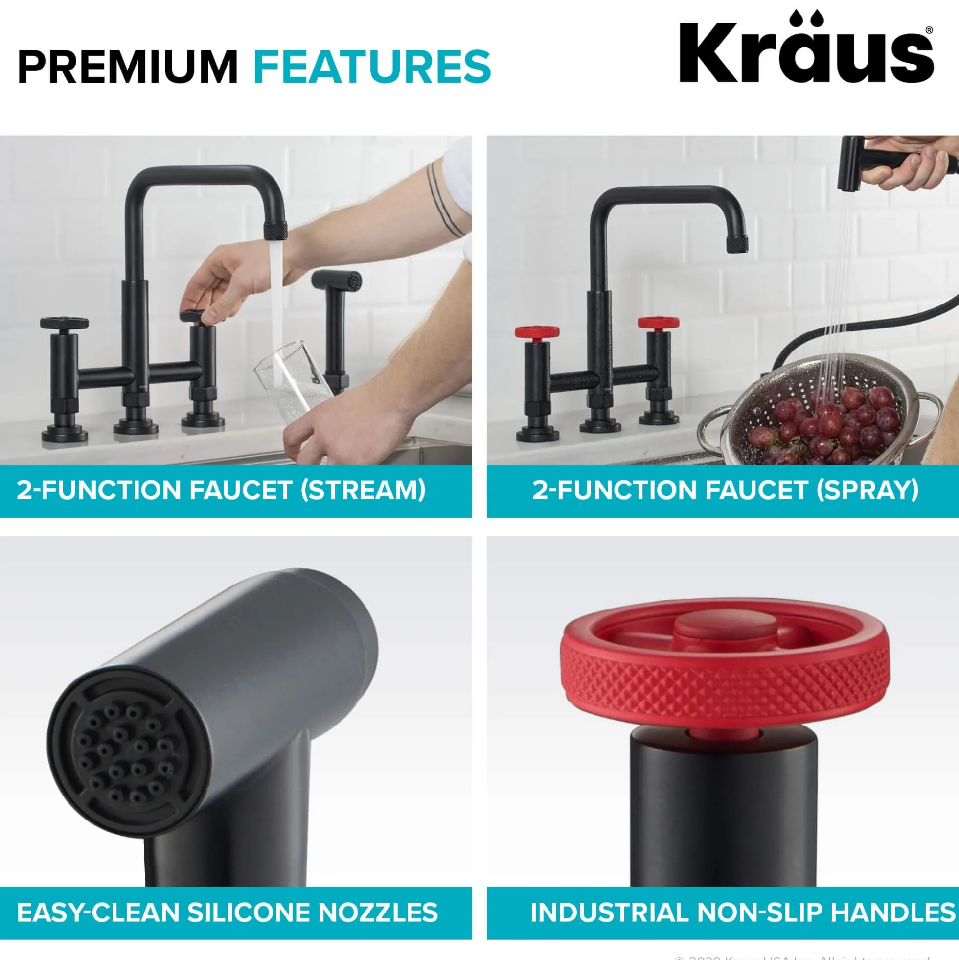 Industrial Bridge Kitchen Faucet and Water Filter Faucet Combo in Matte Black/Red