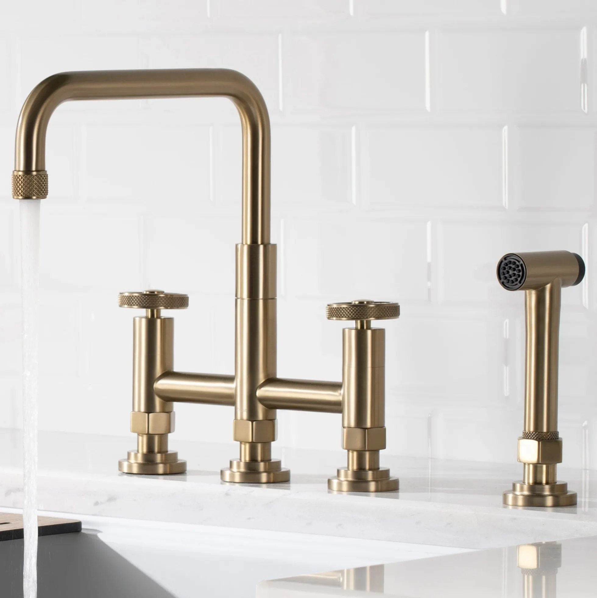 Industrial Bridge Kitchen Faucet with Side Sprayer in Brushed Gold