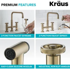 Industrial Bridge Kitchen Faucet with Side Sprayer in Brushed Gold