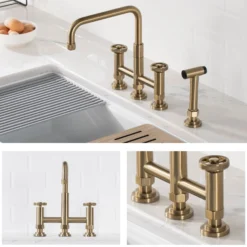 Industrial Bridge Kitchen Faucet with Side Sprayer in Brushed Gold