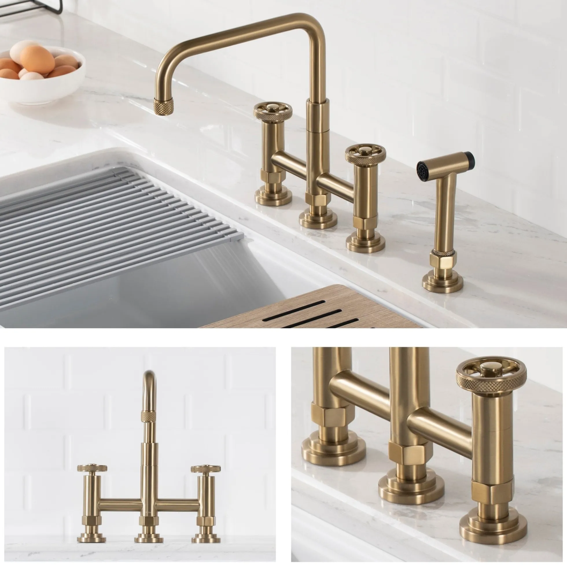 Industrial Bridge Kitchen Faucet with Side Sprayer in Brushed Gold