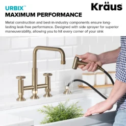 Industrial Bridge Kitchen Faucet with Side Sprayer in Brushed Gold