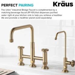 Industrial Bridge Kitchen Faucet with Side Sprayer in Brushed Gold