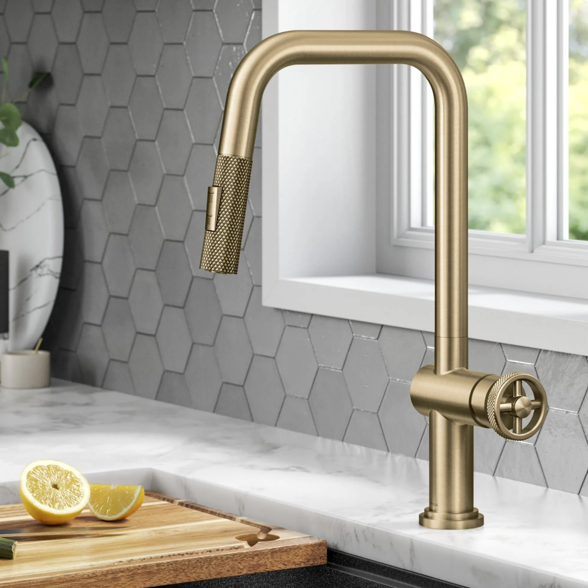 Industrial Pull-Down Single Handle Kitchen Faucet in Brushed Gold