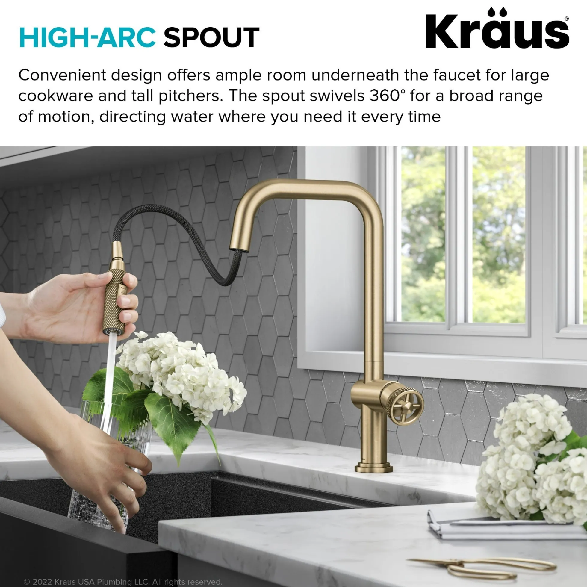 Industrial Pull-Down Single Handle Kitchen Faucet in Brushed Gold