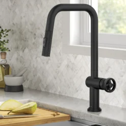 Industrial Pull-Down Single Handle Kitchen Faucet in Matte Black