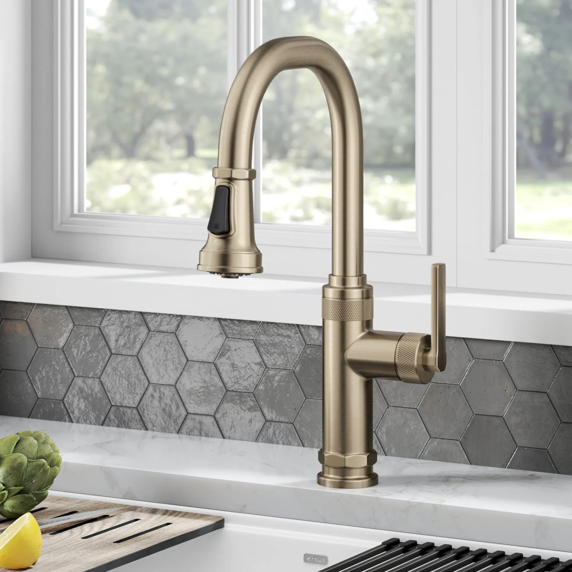 Industrial Pull-Down Single Handle Kitchen Faucet in Spot-Free Antique Champagne Bronze