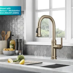 Industrial Pull-Down Single Handle Kitchen Faucet in Spot-Free Antique Champagne Bronze