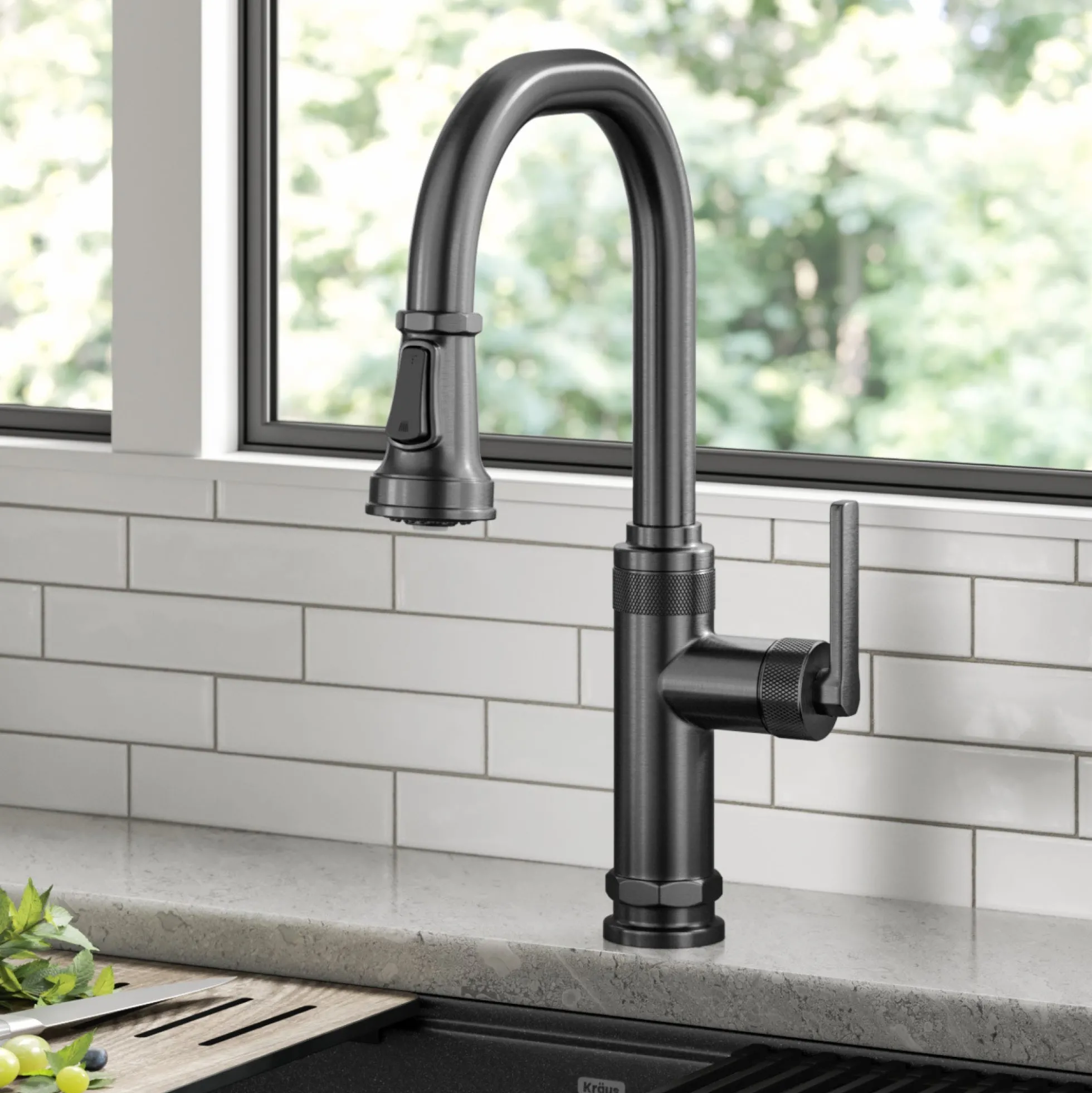 Industrial Pull-Down Single Handle Kitchen Faucet in Spot-Free Black Stainless Steel