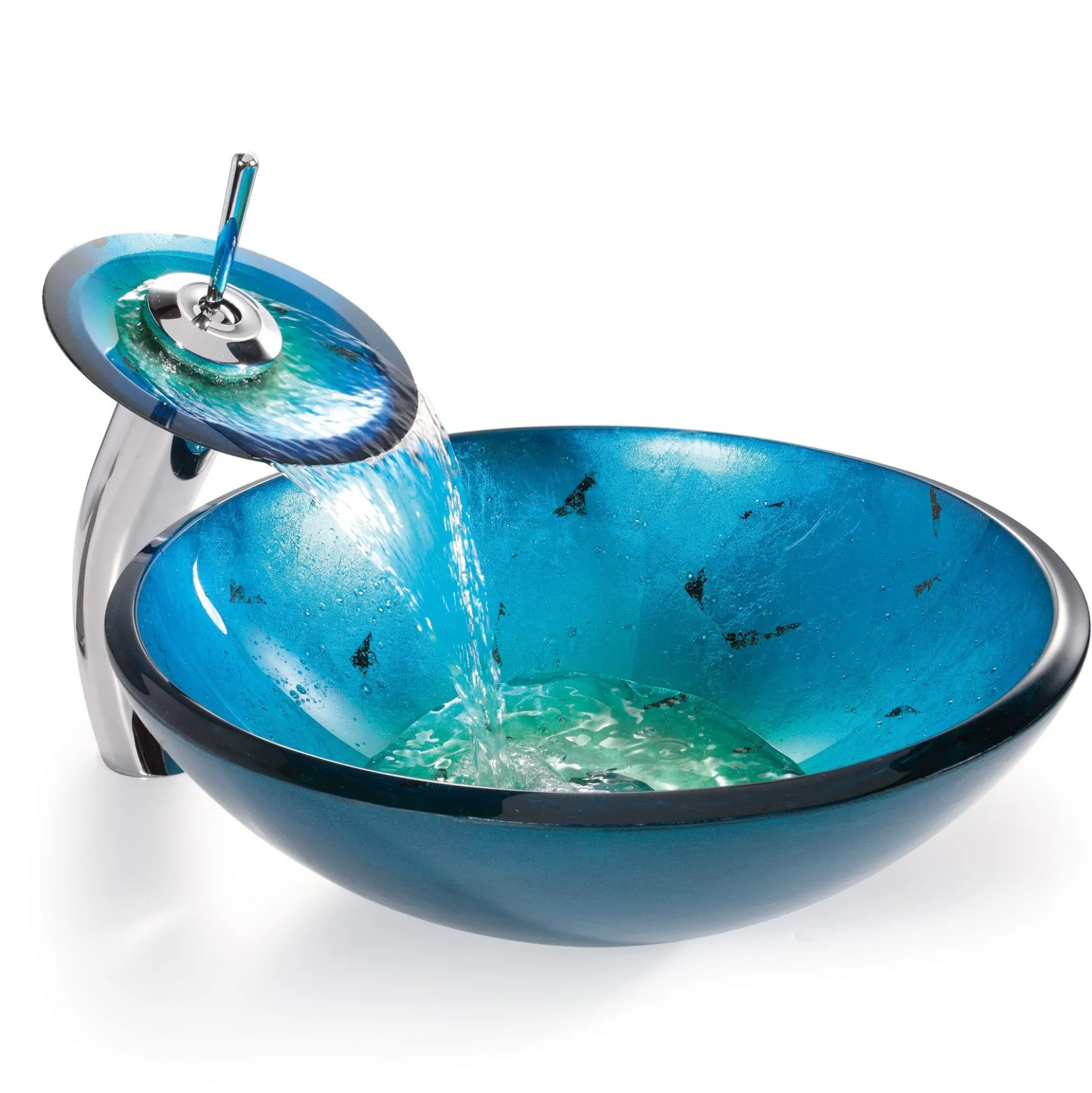 Irruption Blue Glass Vessel 16 1/2" Bathroom Sink w/ Pop-Up Drain in Satin Nickel