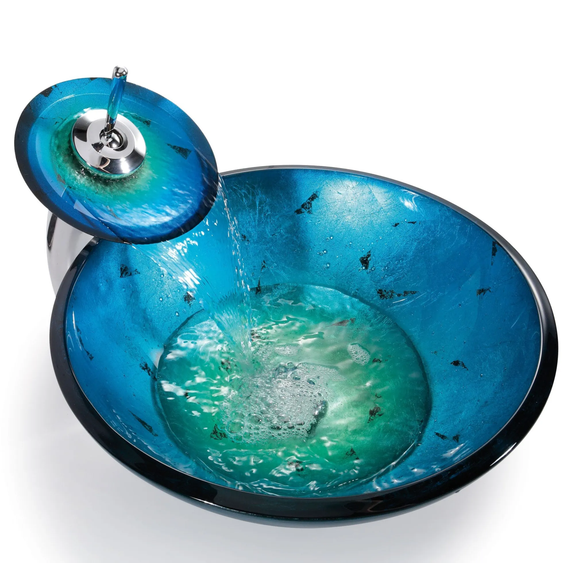 Irruption Blue Glass Vessel 16 1/2" Bathroom Sink w/ Pop-Up Drain in Satin Nickel