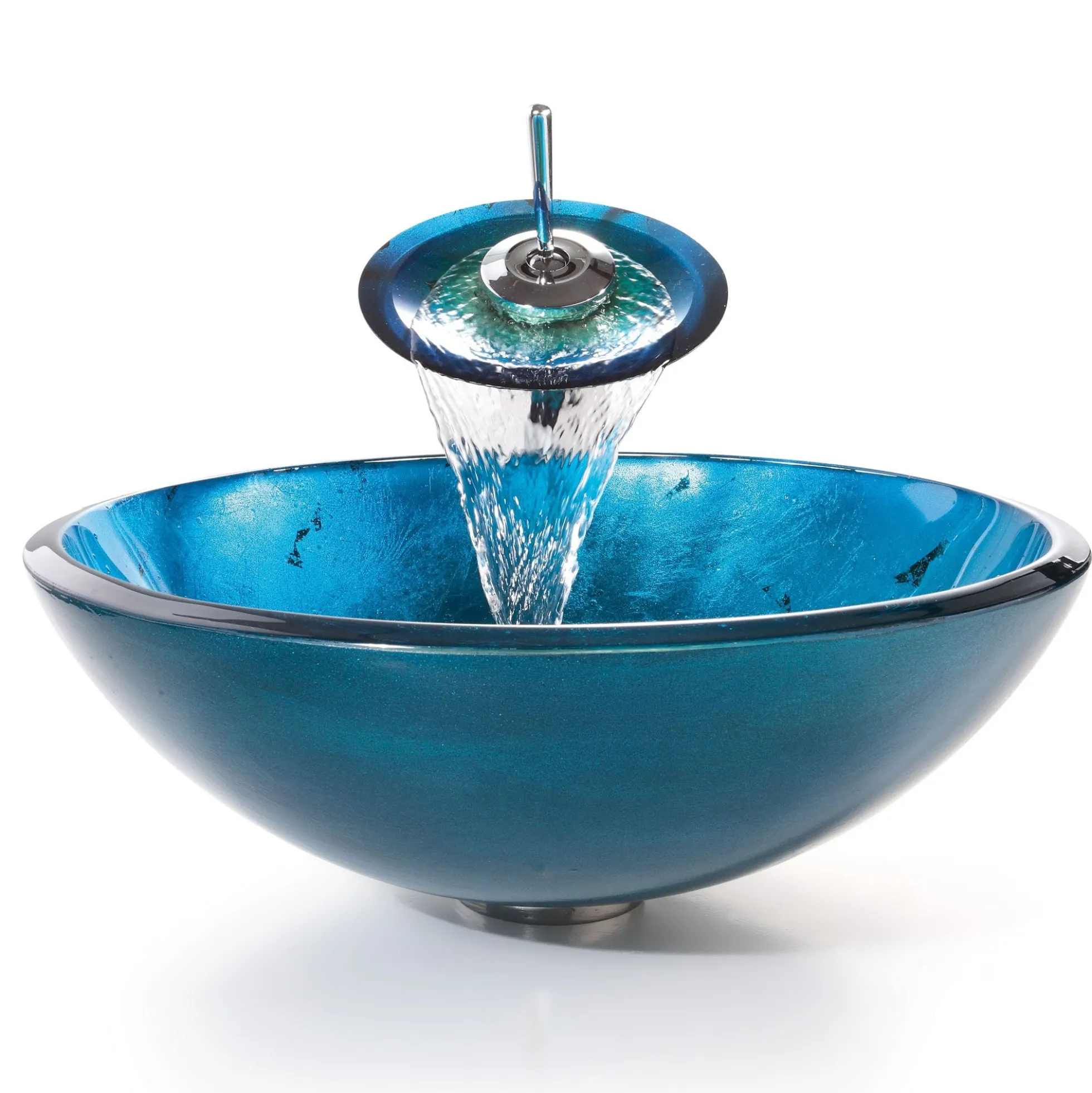 Irruption Blue Glass Vessel 16 1/2" Bathroom Sink w/ Pop-Up Drain in Satin Nickel