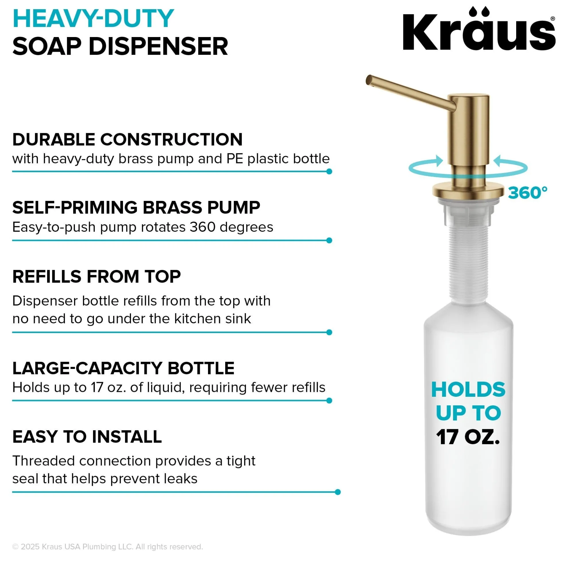 Kitchen Soap and Lotion Dispenser in Spot-Free Brushed Brass