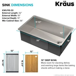 Kore™ Workstation 32-inch Undermount 16 Gauge Single Bowl Stainless Steel Kitchen Sink with Accessories (Pack of 5) with WasteGuard™ Continuous Feed Garbage Disposal