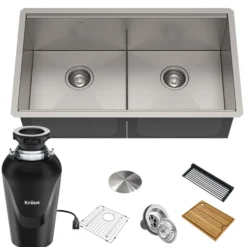 Kore™ Workstation 33-inch Undermount 16 Gauge Double Bowl Stainless Steel Kitchen Sink with Accessories (Pack of 8) with WasteGuard™ Continuous Feed Garbage Disposal