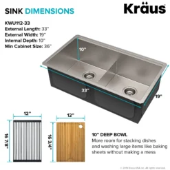 Kore™ Workstation 33-inch Undermount 16 Gauge Double Bowl Stainless Steel Kitchen Sink with Accessories (Pack of 8) with WasteGuard™ Continuous Feed Garbage Disposal
