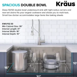 Kore™ Workstation 33-inch Undermount 16 Gauge Double Bowl Stainless Steel Kitchen Sink with Accessories (Pack of 8) with WasteGuard™ Continuous Feed Garbage Disposal