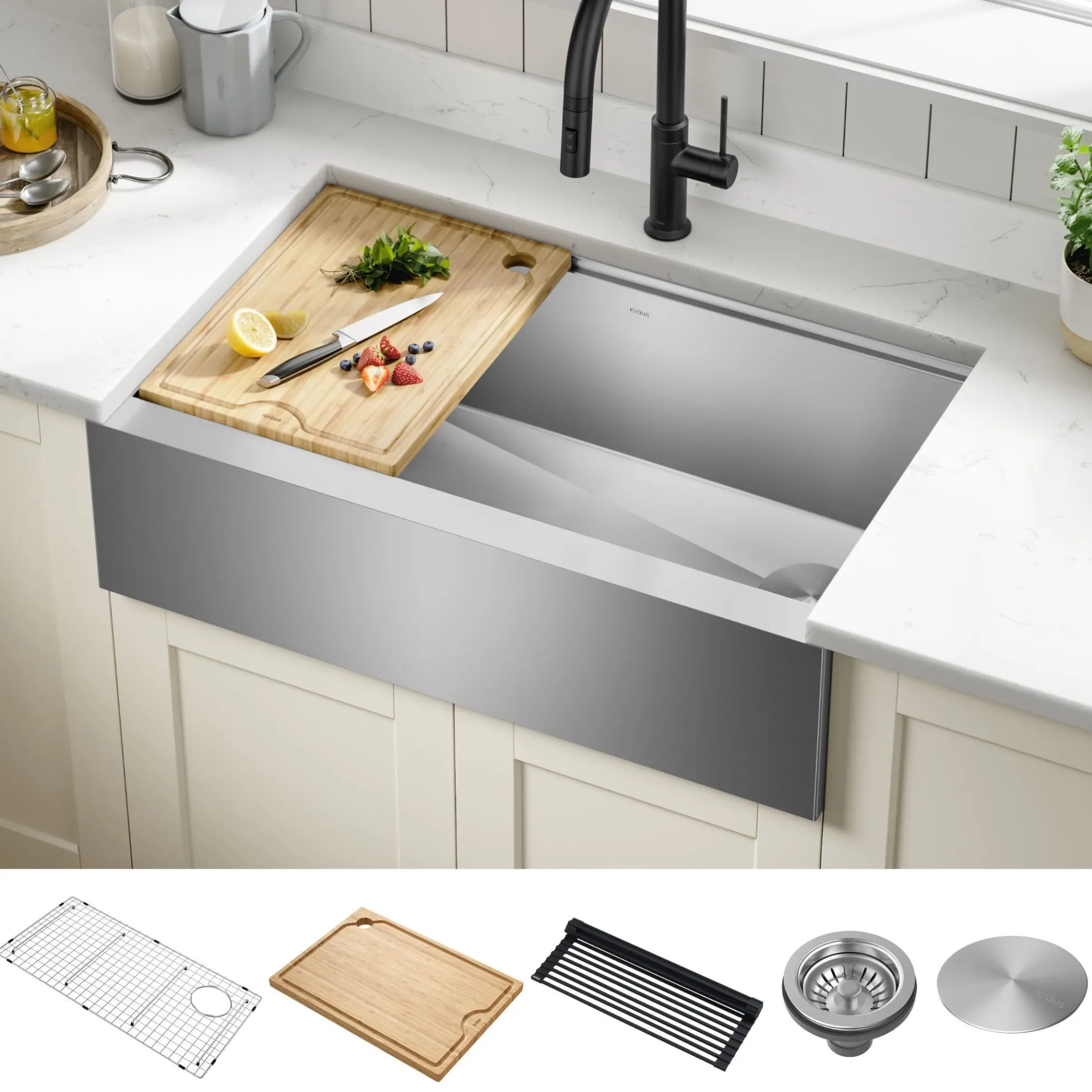 33" Modern Farmhouse Workstation 16 Gauge Single Bowl Stainless Steel Kitchen Sink with Accessories