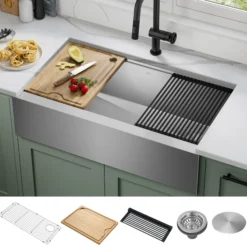 36" Modern Farmhouse Workstation 16 Gauge Single Bowl Stainless Steel Kitchen Sink with Accessories