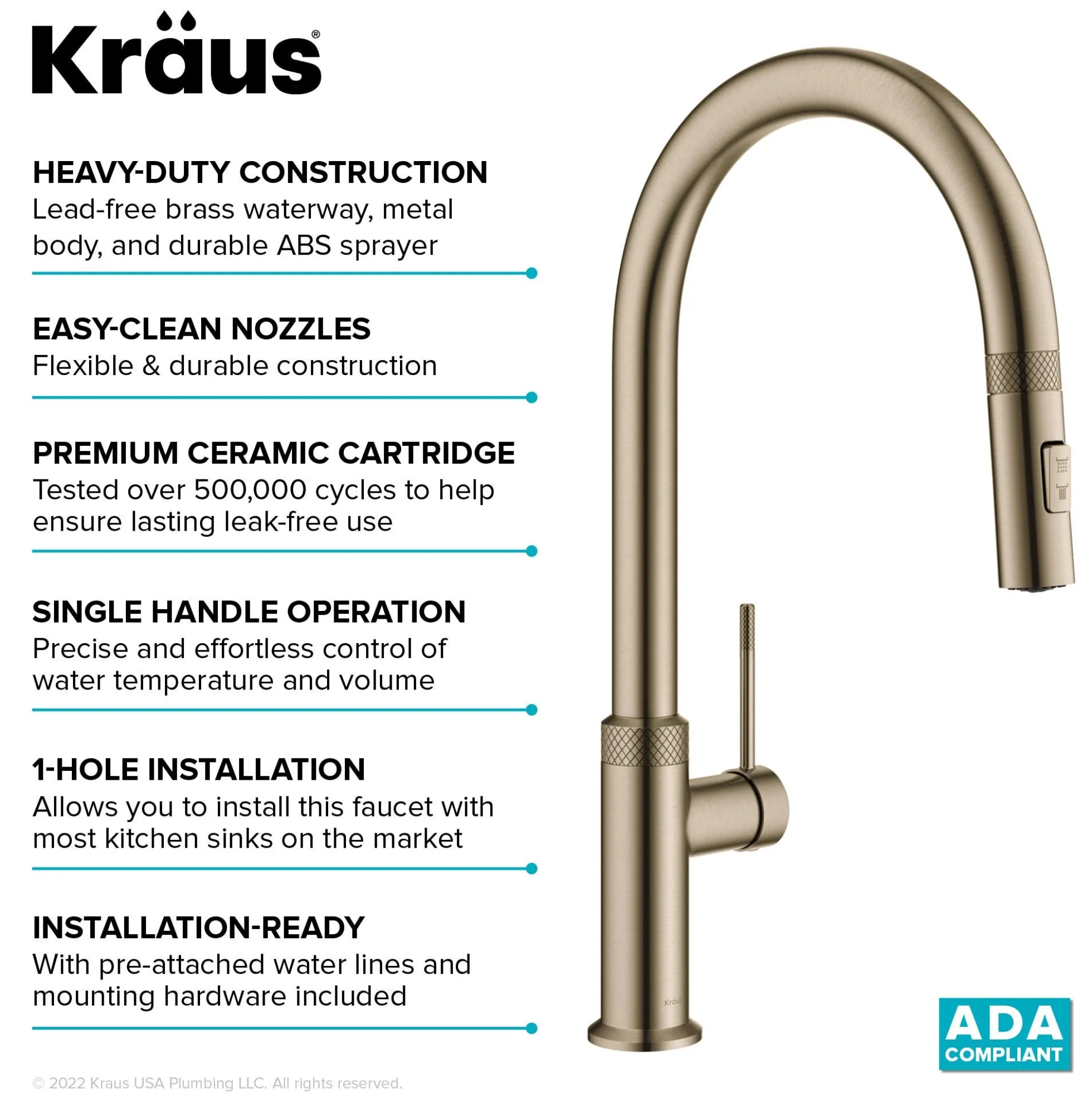 Modern Industrial Pull-Down Single Handle Kitchen Faucet in Brushed Gold