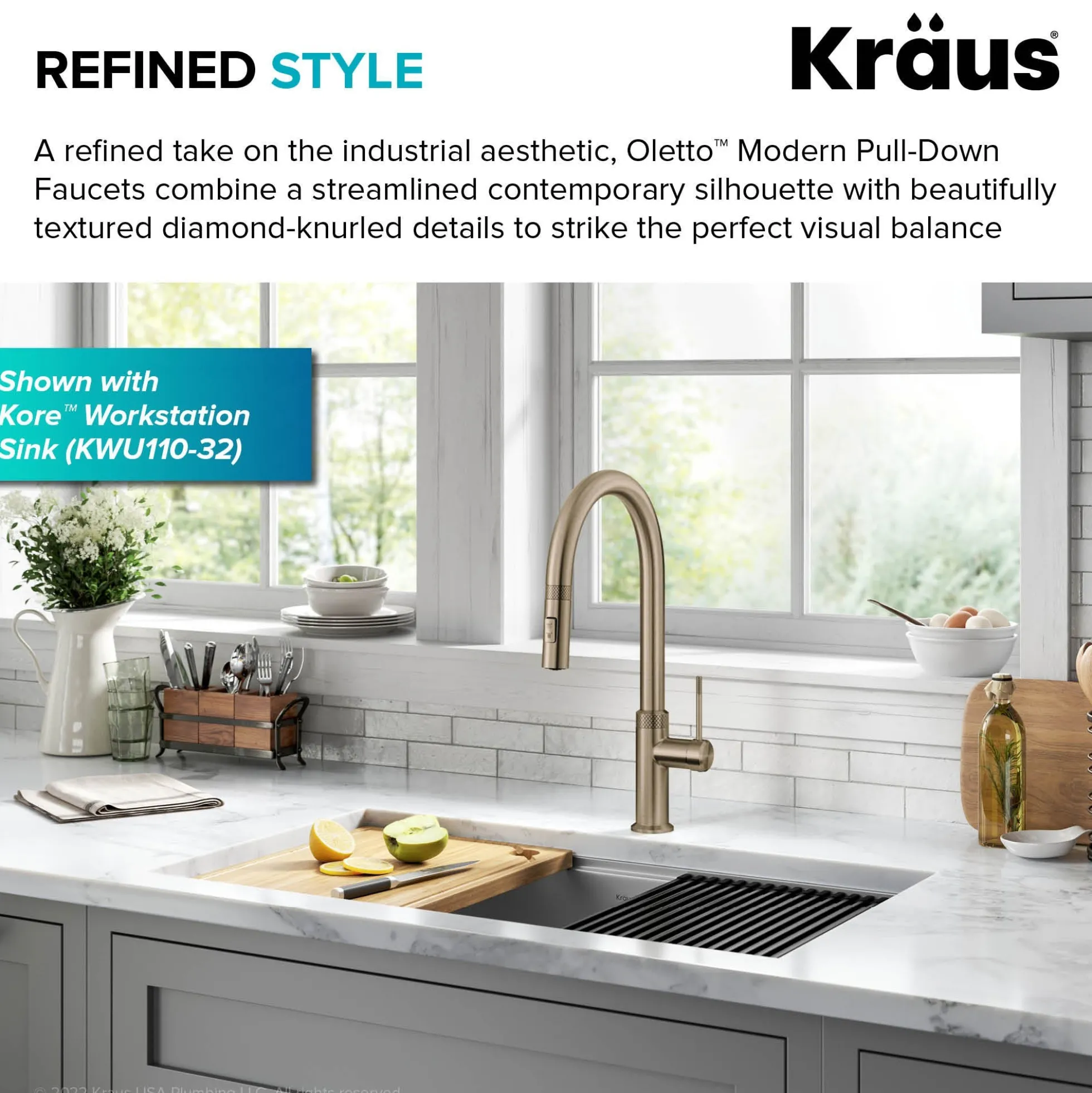 Modern Industrial Pull-Down Single Handle Kitchen Faucet in Brushed Gold