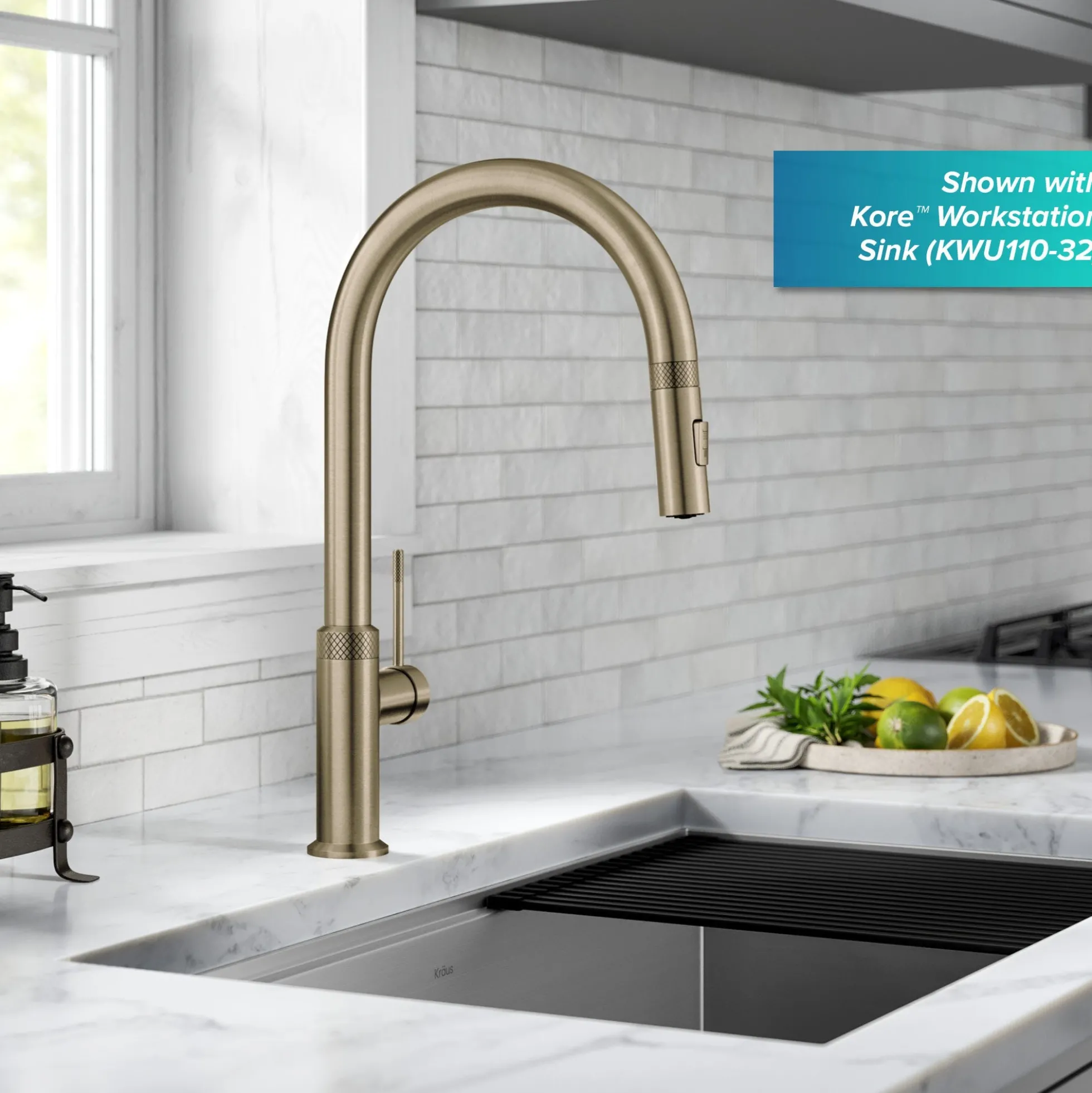 Modern Industrial Pull-Down Single Handle Kitchen Faucet in Brushed Gold