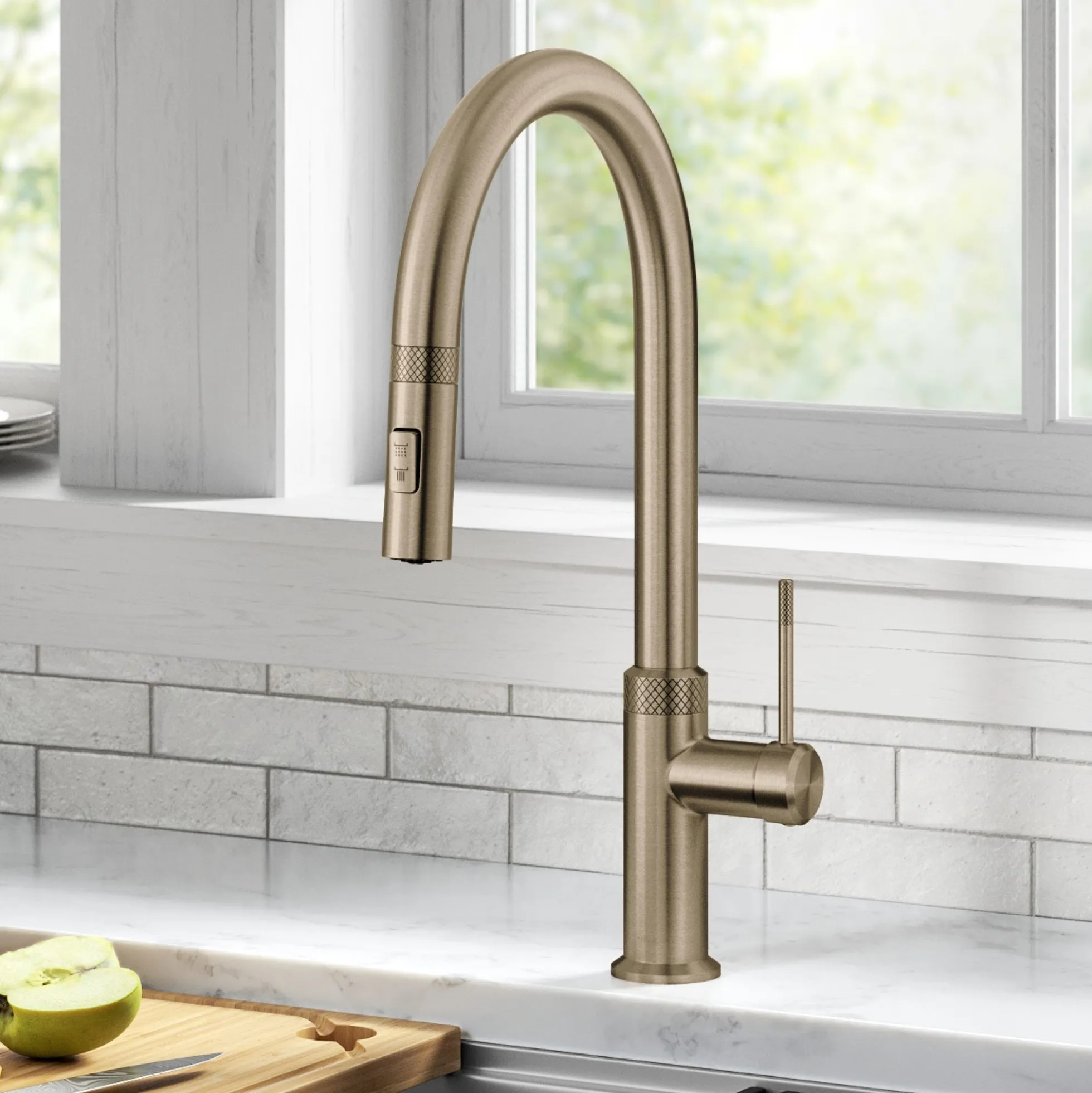 Modern Industrial Pull-Down Single Handle Kitchen Faucet in Brushed Gold