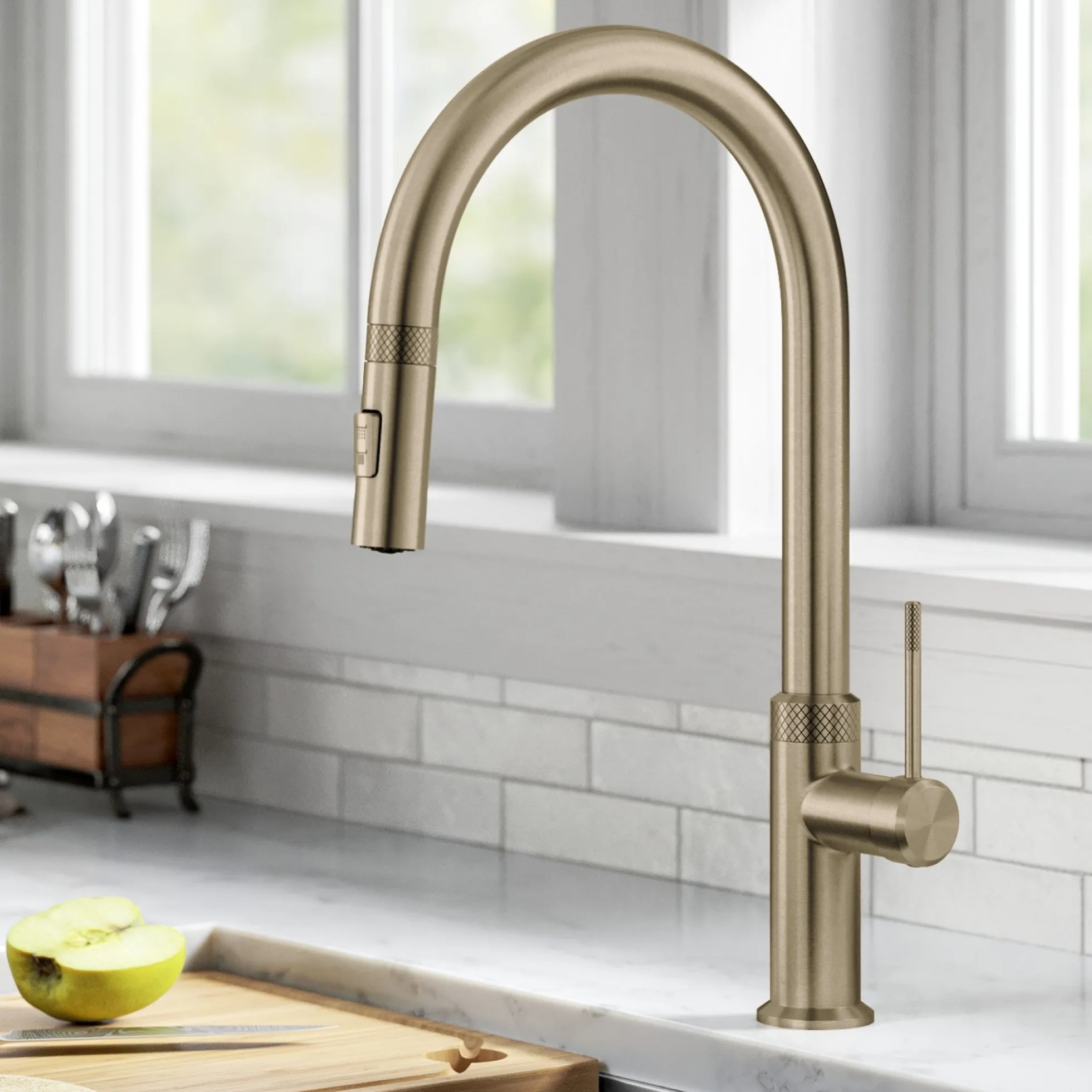 Modern Industrial Pull-Down Single Handle Kitchen Faucet in Brushed Gold