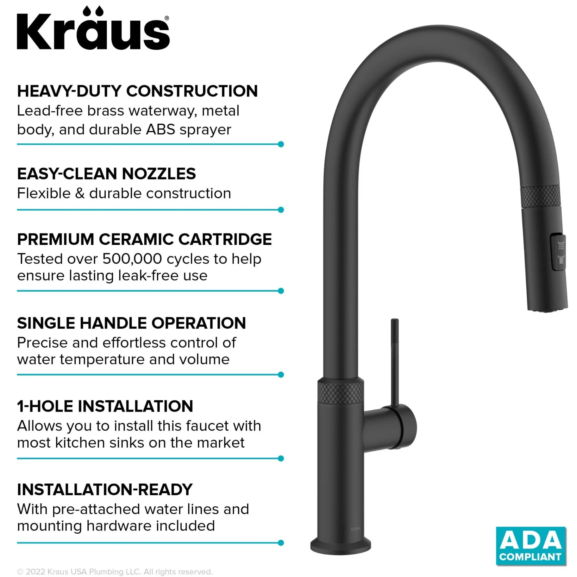Modern Industrial Pull-Down Single Handle Kitchen Faucet in Matte Black