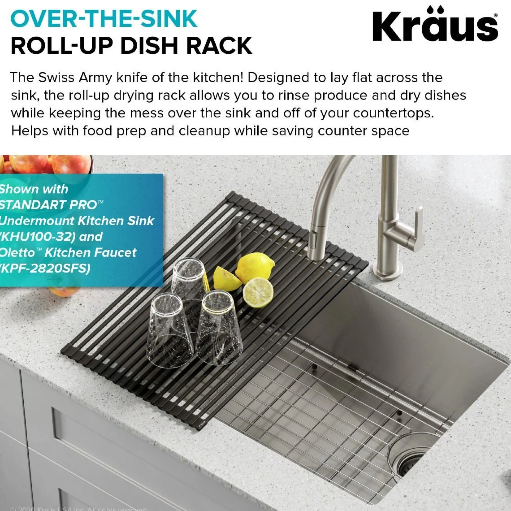 Multipurpose Over Sink Roll-Up Dish Drying Rack in Grey