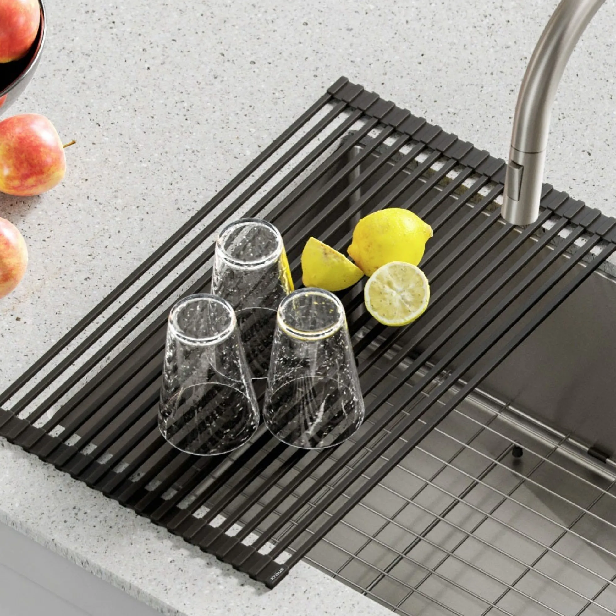 Multipurpose Over Sink Roll-Up Dish Drying Rack in Grey