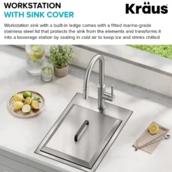 15” Outdoor Drop In / Top Mount 16-Gauge Marine Grade T-316 Stainless Steel Single Bowl Workstation Kitchen Sink with Outdoor Sink Cover