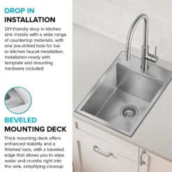 15” Outdoor Drop In / Top Mount 16-Gauge Marine Grade T-316 Stainless Steel Single Bowl Workstation Kitchen Sink with Outdoor Sink Cover
