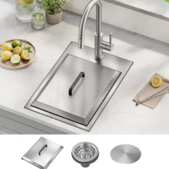 15” Outdoor Drop In / Top Mount 16-Gauge Marine Grade T-316 Stainless Steel Single Bowl Workstation Kitchen Sink with Outdoor Sink Cover