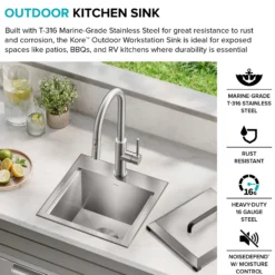 15” Outdoor Drop In / Top Mount 16-Gauge Marine Grade T-316 Stainless Steel Single Bowl Workstation Kitchen Sink with Outdoor Sink Cover