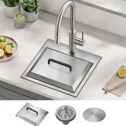 15” Outdoor Drop In / Top Mount 16-Gauge Marine Grade T-316 Stainless Steel Single Bowl Workstation Kitchen Sink with Outdoor Sink Cover
