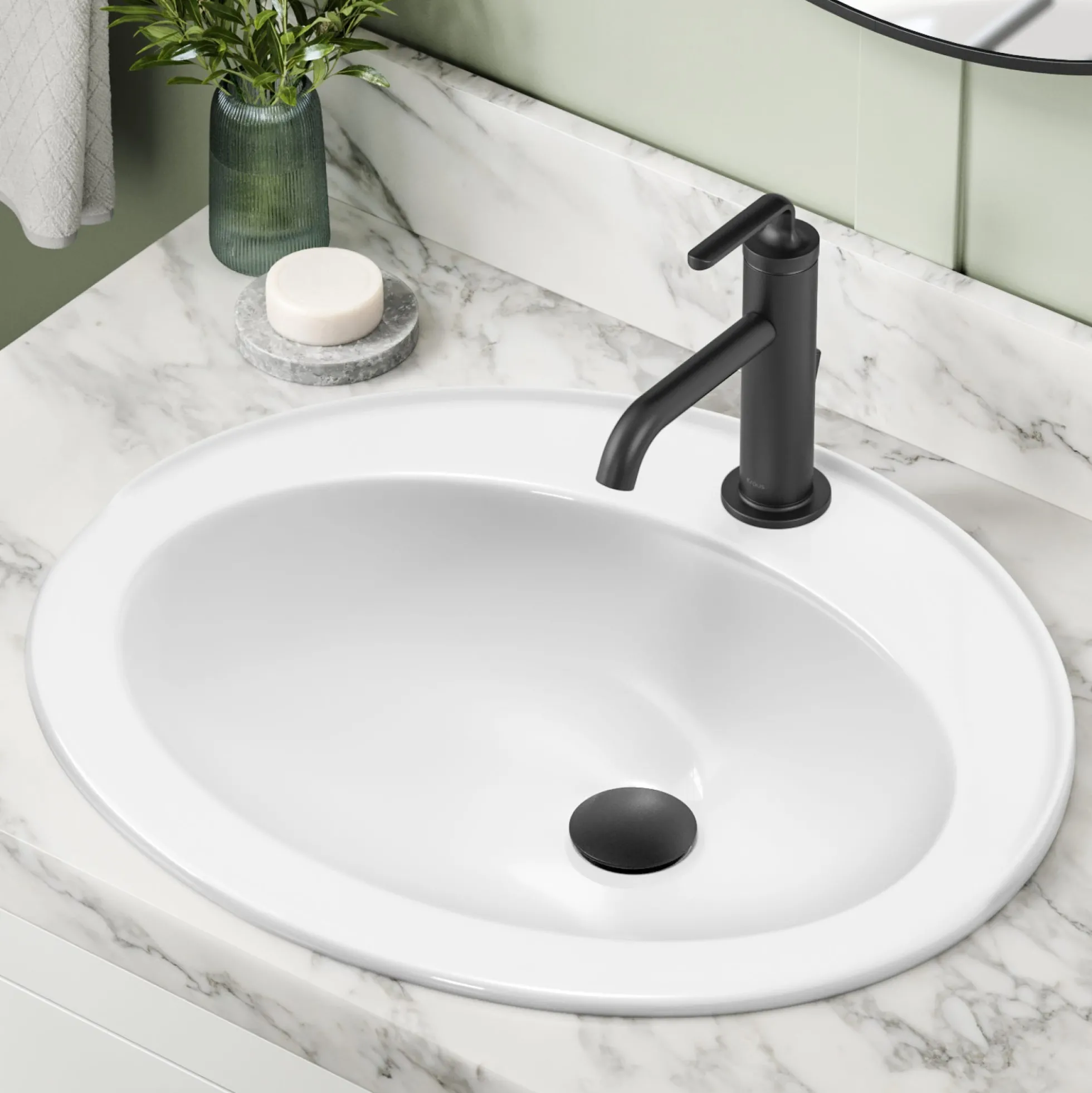 22” Oval Porcelain CeramicSelf-Rimming Drop-InTop MountBathroom Sinkin Whitewith OverflowDrain