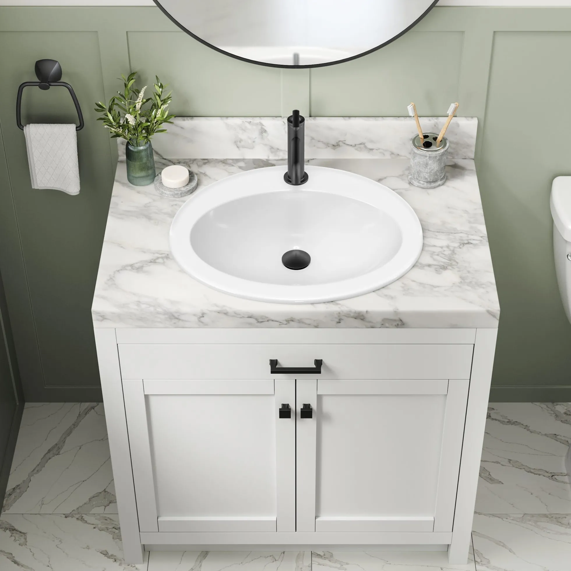 22” Oval Porcelain CeramicSelf-Rimming Drop-InTop MountBathroom Sinkin Whitewith OverflowDrain
