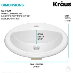 20 1/2” Oval Porcelain CeramicSelf-Rimming Drop-InTop MountBathroom Sinkin Whitewith OverflowDrain